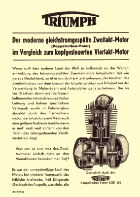 Triumph comparison doplepiston twostroke OHV fourstroke brochure 1952