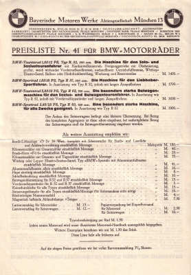 BMW Preisliste Nr.41 1929