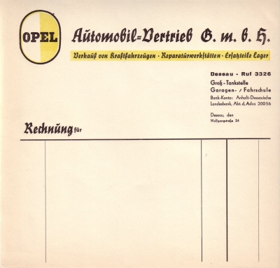 Opel Brief eines Dessauer Händlers 1930er Jahre