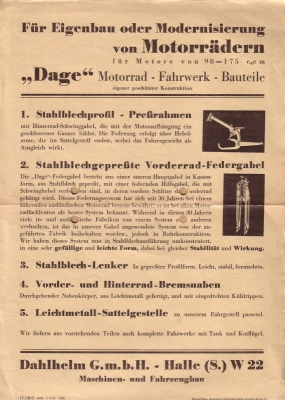 Dage Motorrad-Fahrwerk und -Bauteile Prospekt 1951