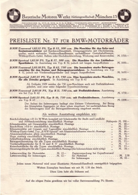 BMW Preisliste Nr.37 1928