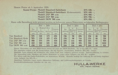 Hulla Preisliste 1.9.1929