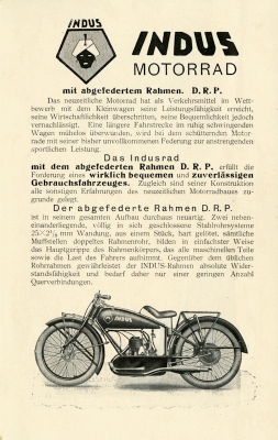 Indus motorcycle 350 ccm brochure ca. 1925