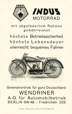 Indus motorcycle 350 ccm brochure ca. 1925