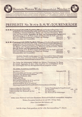 BMW Preisliste Nr.36 1928