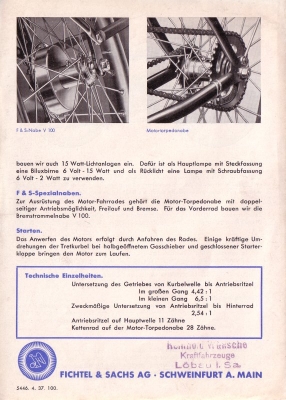 Sachs Motor 98ccm für Motorfahrräder Prospekt 4.1937