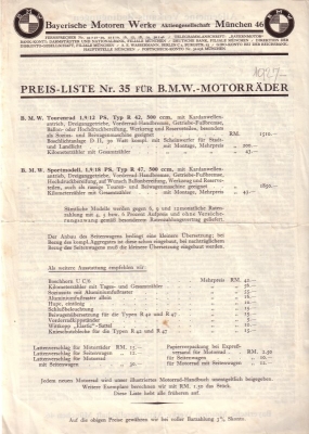 BMW Preisliste Nr.35 1927
