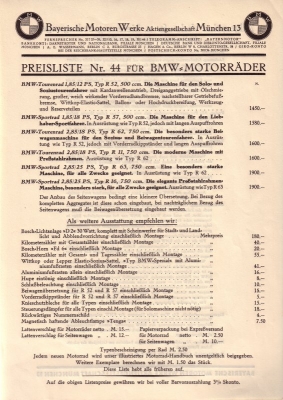 BMW Preisliste Nr.44 1929