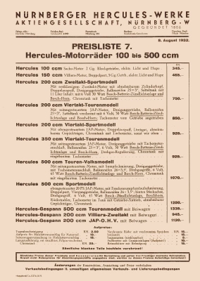 Hercules Preisliste 8.8.1932 Nr.7