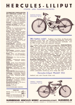 Hercules Motorfahrrad Liliput Prospekt 1933