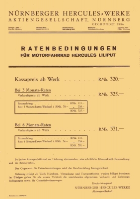Hercules Motorfahrrad Liliput Preisliste ca. 1933