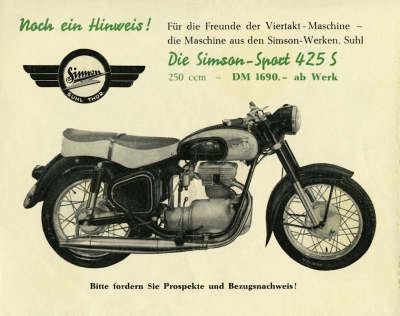 MZ 125/2, ES 250 und Simson 425S Prospekt ca. 1958