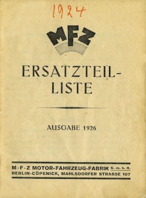 M.F.Z. Ersatzteilliste Ausgabe 1926