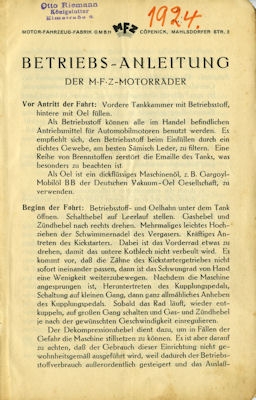 M.F.Z. motorcycle owner`s manuel 1924