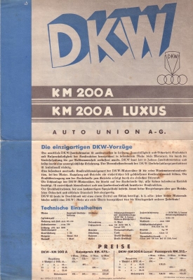 DKW KM 200 / KM 200 A Luxus Prospekt 1935