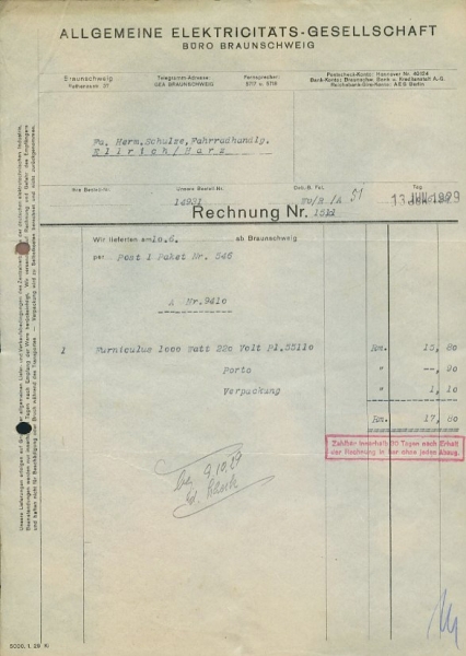 AEG Büro Braunschweig Rechnung 1930