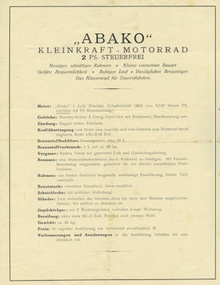 Abako 2 HP motorcycle brochure 1923-1925