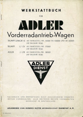 Adler Vorderradantrieb-Wagen Workshop book 1939