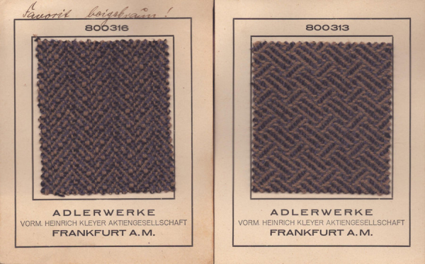 Adler Favorit 2 Echt-Polsterproben ca. 1930