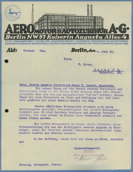 Aero Motor & Autozubehör Schreiben 1926