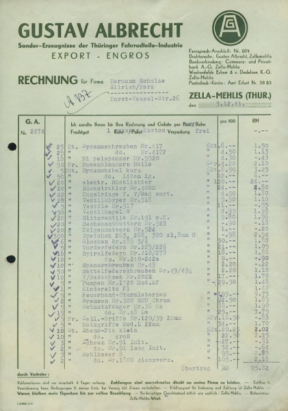 Gustav Albrecht, Zella-Mehlis Rechnung 1941