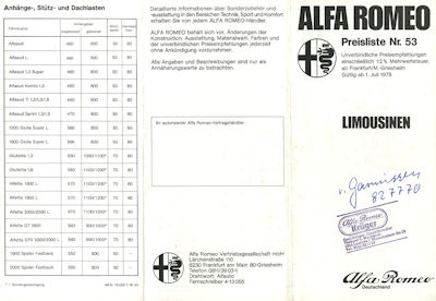 Alfa-Romeo Limousinen Preisliste Nr. 53 7.1978