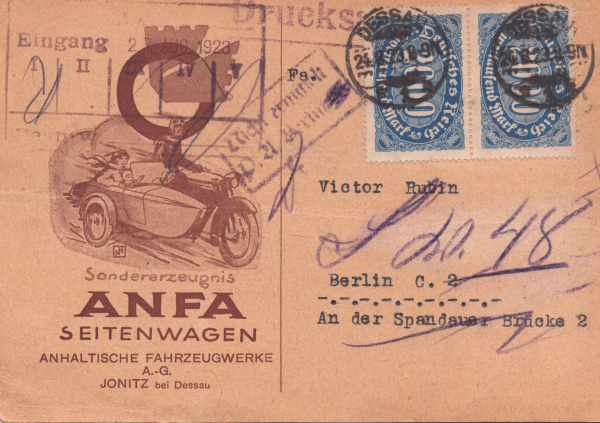 Anfa Seitenwagen 5 Ansichtskarten 7.1923-2.1924