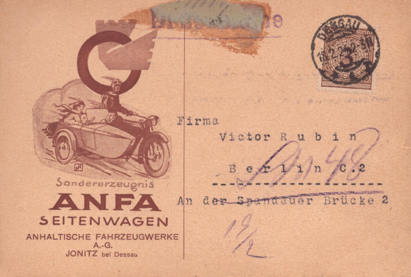 Anfa Seitenwagen 5 Ansichtskarten 7.1923-2.1924