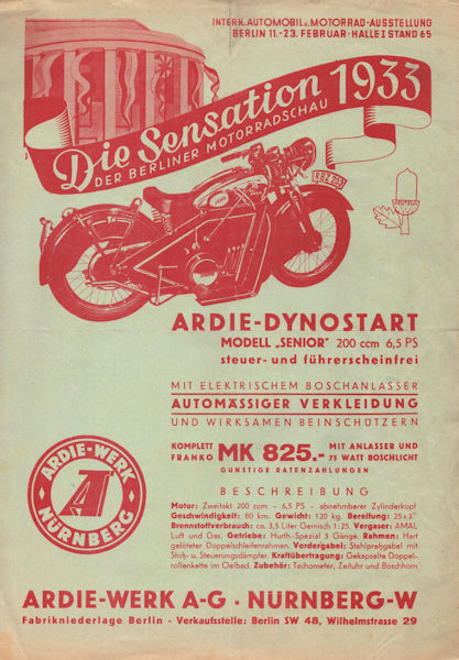 Ardie Senior 200 ccm Prospekt 1933