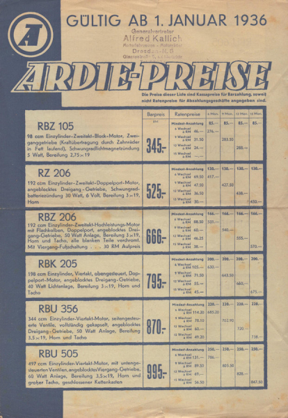 Ardie Preisliste 1.1.1936