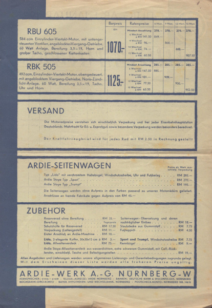 Ardie Preisliste 1.1.1936