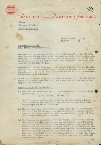 Auto-Union Propaganda Abt. Schreiben 1935