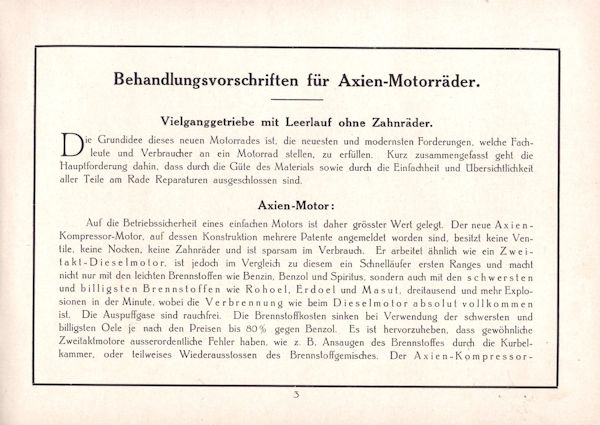 Axien Diesel Motorrad Bedienungsanleitung 1920er Jahre