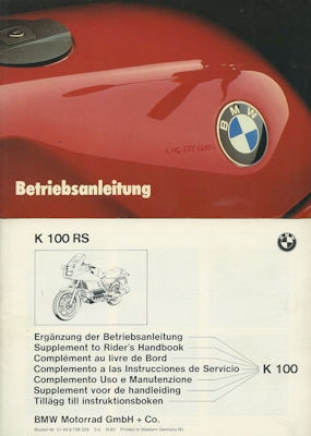 BMW K 100 owner`s manual 6.1983