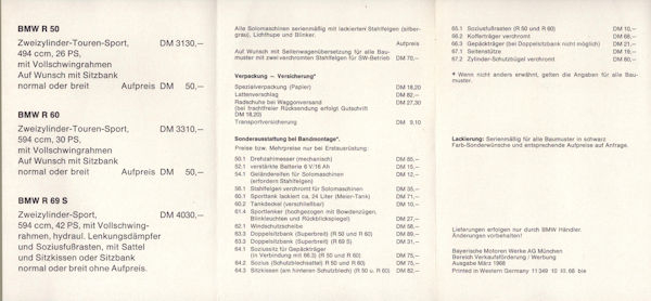 BMW Preisliste 3.1968