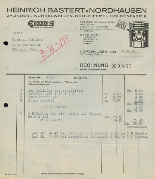Heinrich Bastert, Nordhausen Rechnung 1930er Jahre