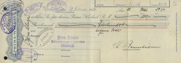 Chr. Baumhöfener, Hannover Prima-Wechsel 1934