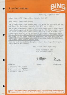 Bing Motorrad Vergaser Liste 7.1980