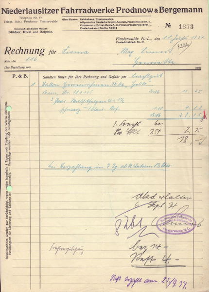 Prochnow & Bergemann Rechnung 1934