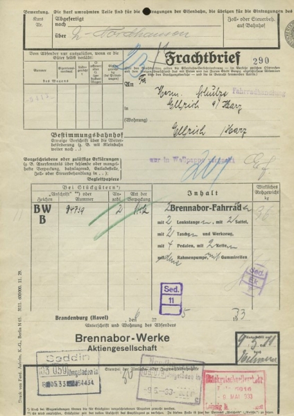 Brennabor Fahrrad Frachtbrief 1933