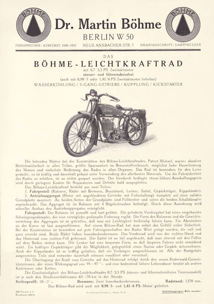 Böhme Leichtkraftrad Prospekt 1926