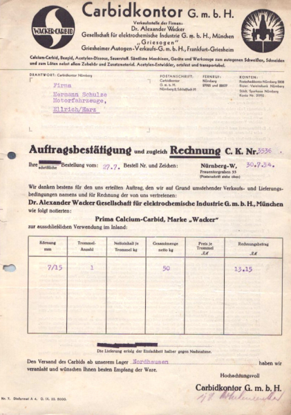 Carbid Kontor Nürnberg Rechnung 1934