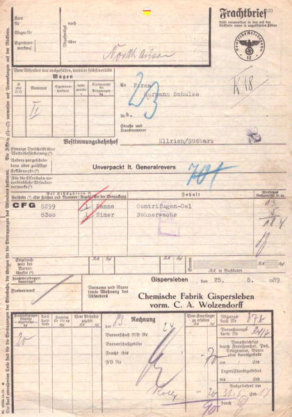 Chemische Fabrik Gispersleben Frachtbrief 1939