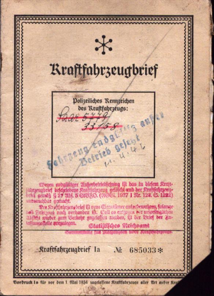 Chrysler 2790 ccm Original Fahrzeugbrief 1927 / 1936