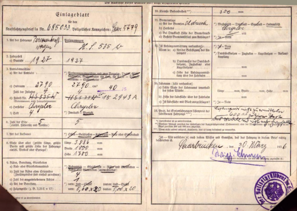 Chrysler 2790 ccm Original Fahrzeugbrief 1927 / 1936