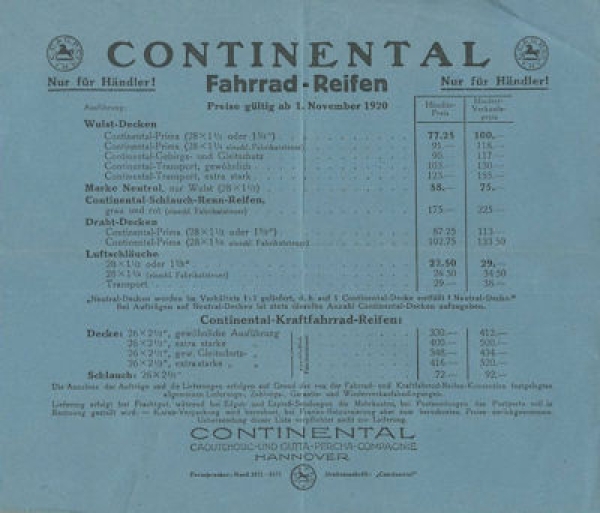 Continental Fahrrad Reifen Preisliste 11.1920