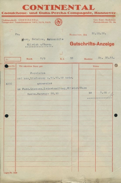 Continental Hannover Gutschrifts-Anzeige 1928/29