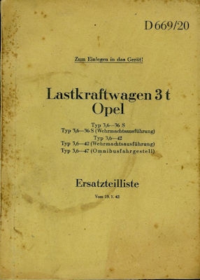 Opel 3 t Lkw Ersatzteilliste D 669/20 1.1943