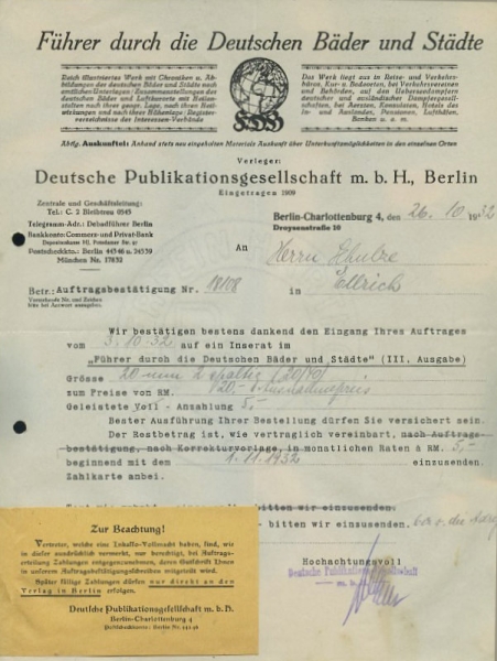 Deutsche Publikations GmbH, Berlin Schreiben 1932