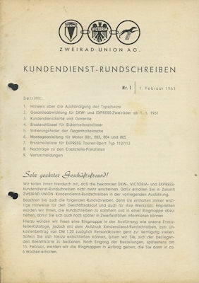 Zweirad Union Kundendienst Rundschreiben 1961-1966